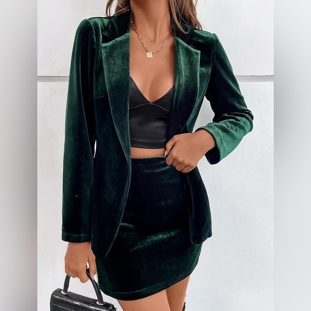 Two Piece Velvet Blazer Skirted Suit